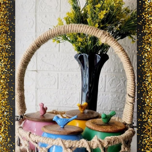 Handcrafted thick Rope Basket with Thick Rope Handle and 5 Multicolored Metal Jars.