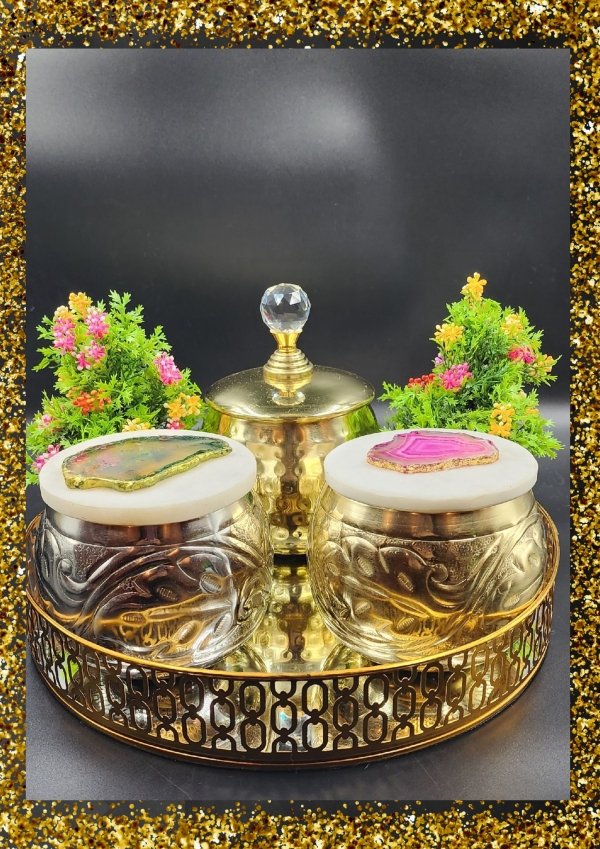 Combo of big Sized two Silver and Gold plated Marble lid Jars and Round shaped Brass plated mirror Tray.