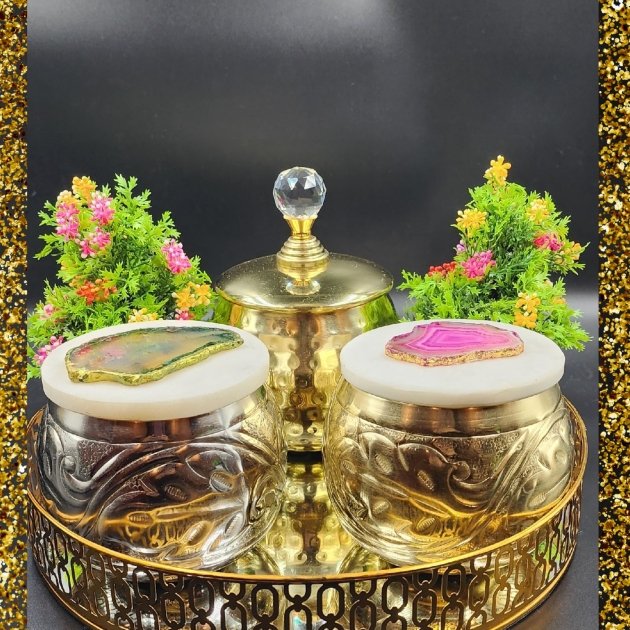 Combo of big Sized two Silver and Gold plated Marble lid Jars and Round shaped Brass plated mirror Tray.