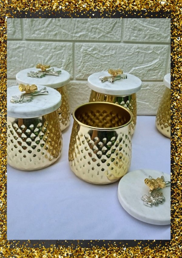 Heavy Marble Lid Big sized Gold plated designer Metal Jar.