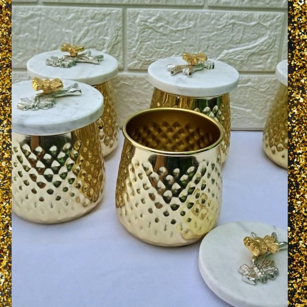 Heavy Marble Lid Big sized Gold plated designer Metal Jar.