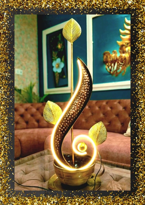 Brass Rising Leaf Showpiece cum Side Table Decor with Cup and Saucer and NEON LED.