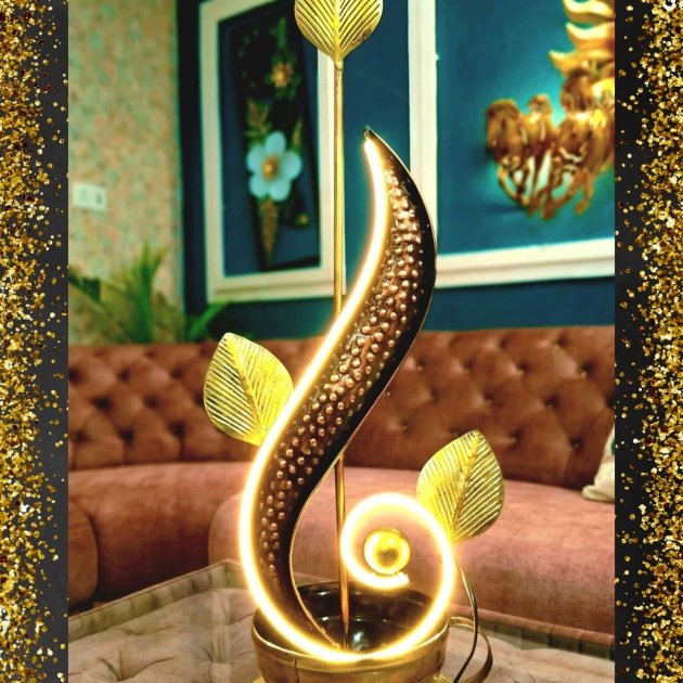 Brass Rising Leaf Showpiece cum Side Table Decor with Cup and Saucer and NEON LED.